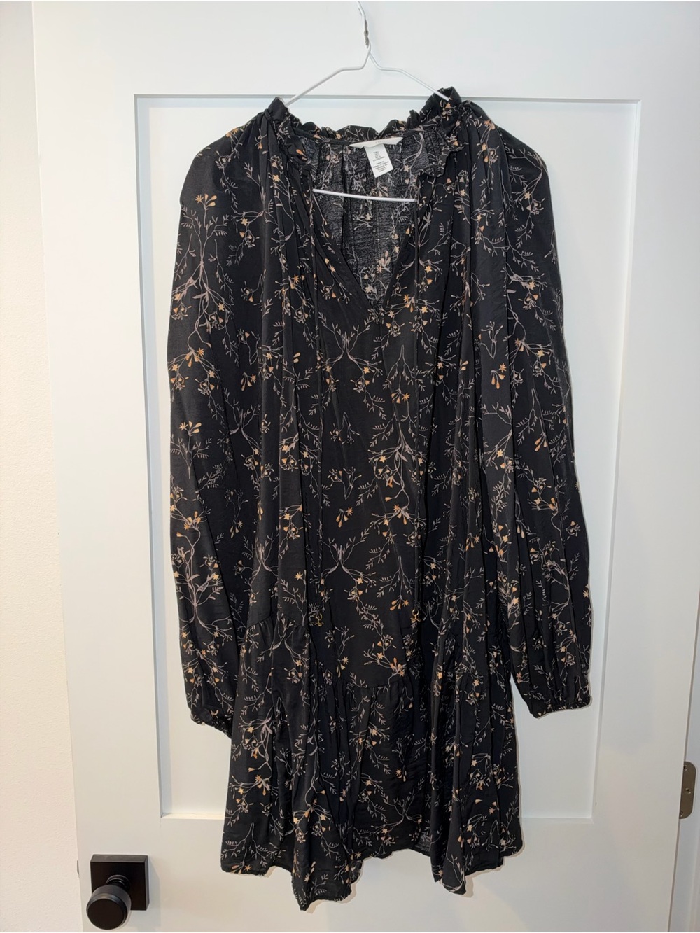 H&M Black Floral Long-Sleeve Ruffled Neck Dress